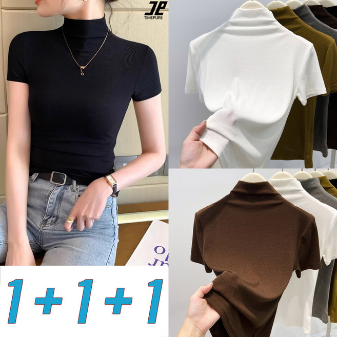 타임퓨어 1+1+1 여성 캐주얼 티셔츠 편안한 반폴라 반팔티 여름 데일리룩 세트 상의 이너 레깅스 베이직 심플 반팔티셔츠