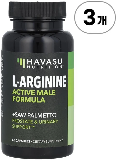 하바수 뉴트리션 L-아르기닌 액티브 메일 포뮬라 Havasu Nutrition L-Arginine Active Male Formula + Saw Palmetto 60정, 3개 - 쿠팡