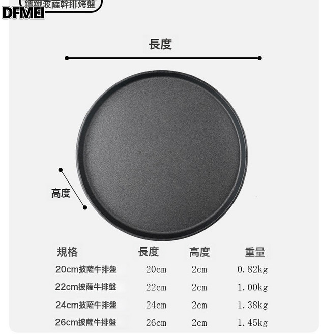 DFMEI 加厚西餐鐵板燒盤家用不粘烤盤烤肉盤圓形煎牛排燒烤鐵板商用, 1個, 22cm披薩牛排盤:如圖, 1cm