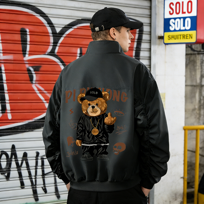 ANYOU 봄가을 남성 자켓 곰돌이 바람막이 점퍼 주름 소매 야구점퍼