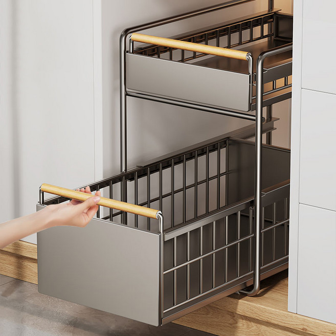 cocosily 주방 슬라이딩 수납함 2단 철제 선반 정리대 양념통 정리함 다용도 틈새 수납장, 그레이(녹방지탄소강), 1개, 그레이