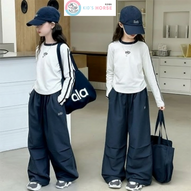 키즈목마 여아용 3종세트 긴팔 상의+와이드팬츠+숄더백 초등학생 주니어 화이트네이비 배색 간절기룩753