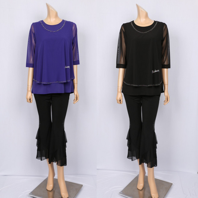 BGR2044이중 보석 망사 티셔츠 66에서99 국산 라인 라틴 모던 웰빙 뱃살 군살커버 칠부 사계절 여자 노브패리스 빅사이즈 댄스복, 검정색