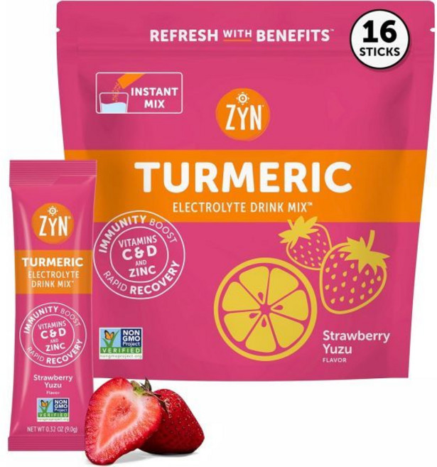 ZYN 전해질 음료 믹스 수분 공급 패킷 딸기 유자 파우더 강황 커큐민이 함유된 비타민 C & D 아연 16개입, Strawberry Yuzu, 16 Count (Pack of 1)