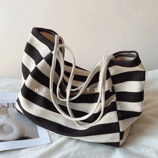 韓版條紋帆布單肩包 逛街旅行大容量