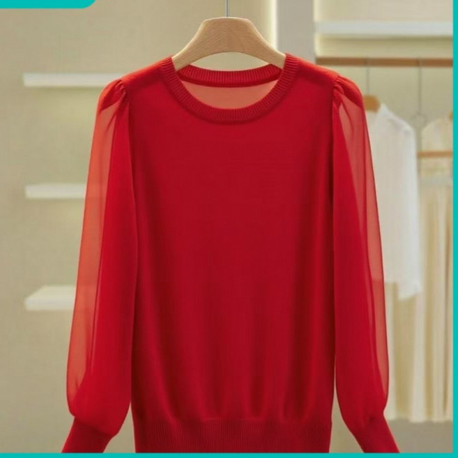 Choyur여성 봄여름 쉬폰 라운드넥 긴팔 블라우스 투명 벌룬 소매 디자인wjj