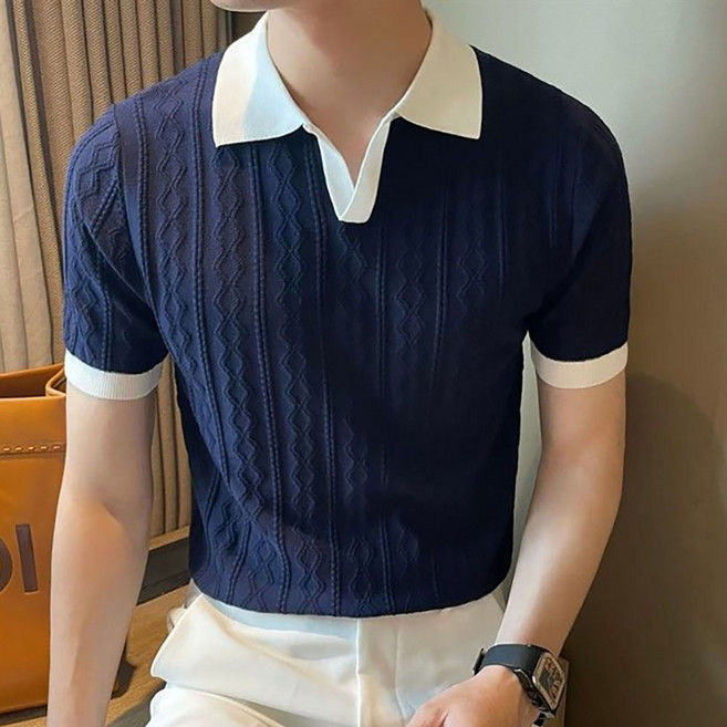 ROYALBELLE 남성 카라넥 슬림핏 반팔 니트 티셔츠 자카드 배색 패션 티셔츠 F01022013