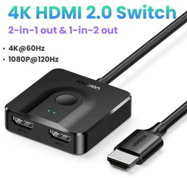 UGREEN HDMI 스위치 양방향 HDMI 호환 스플리터 HDMI 스위처 박스 3.3FT HDMI 케이블 포함 4K60Hz 2 in 1 Out, 4K Switch, 01 4K Switch_01 1m, 1개