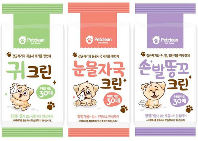 펫크린 애견 물티슈 30매 (귀/눈물/손발똥꼬) 3종 중 1택, 1개