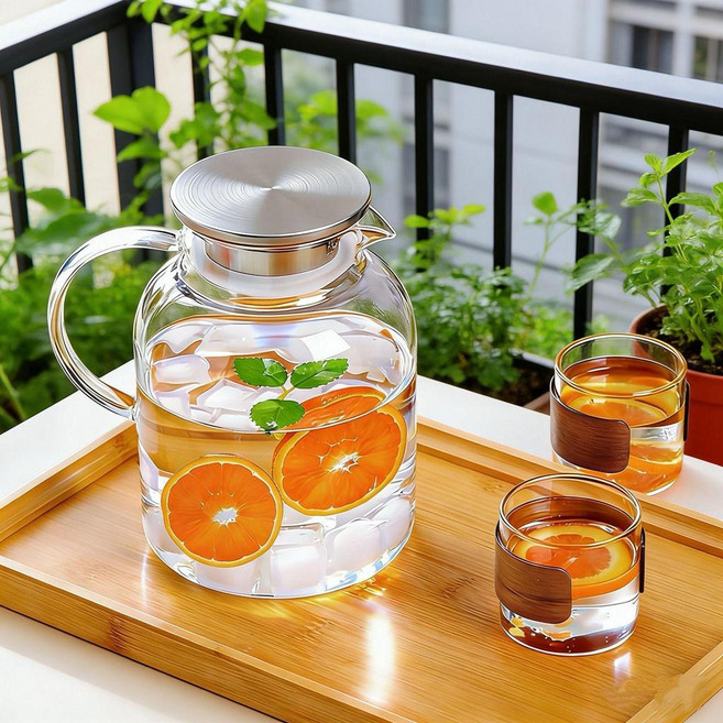 good 光面玻璃涼水壺高硼硅加厚把手冷熱水壺泡茶壺果汁壺, 1個, 1800ml+壓嘴鋼蓋壺, N/A, 1.8L