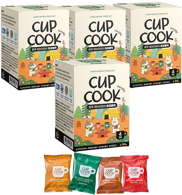 여행필수템 5초 완성 국산 재료 프리미엄 동결건조 블럭국 4가지 맛이 한 박스에 담긴 컵쿡에브리데이 트래블럭, 4개, 34g