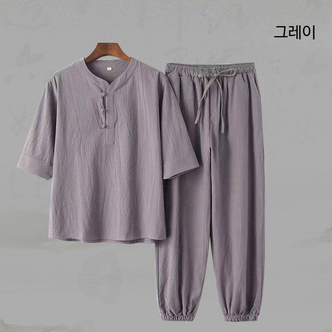 남성 여름용 린넨 정장 투피스 세트 루즈핏 캐주얼 바지 면마 소재 3/4 소매