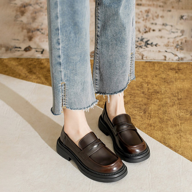 ANYOU 여성 소프트 가죽 키높이 로퍼 심플 부드럽고 발편한 통굽 구두 2 colors