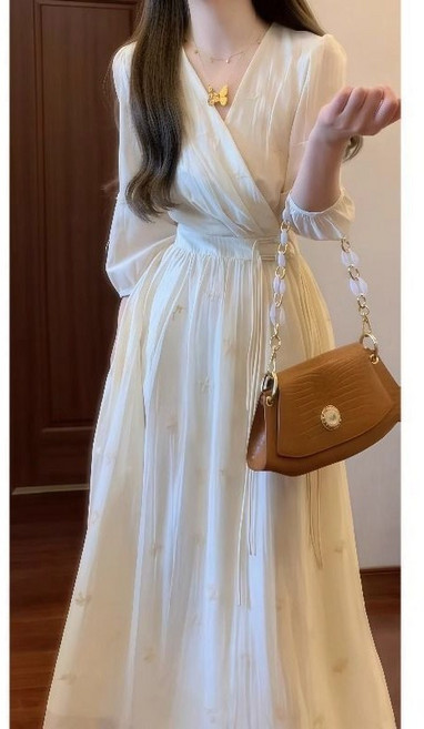 봄 가을 여성 롱 원피스 프렌치 우아한 복고풍 허리 라인 드레스 JS