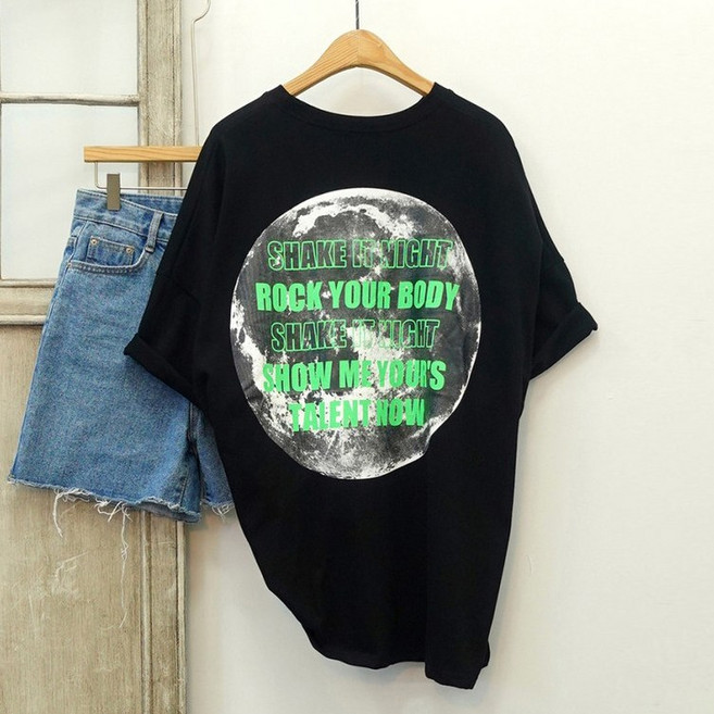 이힝 네온 프린팅 루즈핏 반팔 롱티셔츠