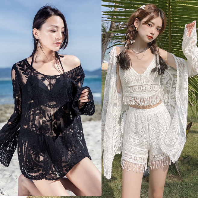 레이스 자수 비키니밴더 크로셰 여름휴가 수영복 커버업 가디건 가운, 화이트A