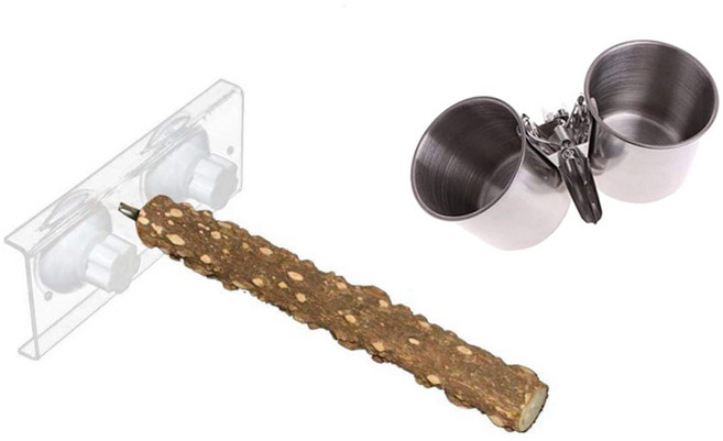 파르고 앵무새 장난감 세트 흡착형 창문 횟대 + 더블 모이통, 25cm 자작나무 + 흡착판 2개 + 더블 모이통, 1개