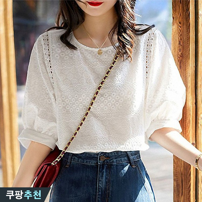 (대박난) 85kg까지 빅사이즈 여성 순면 프렌치 빈티지 자수 펀칭 벌룬 소매 블라우스 여름 편한 흰색 모던 예쁜 우아한 입체 꽃무늬 디자인 로맨틱 베이직 데일리 티셔츠 브라우스