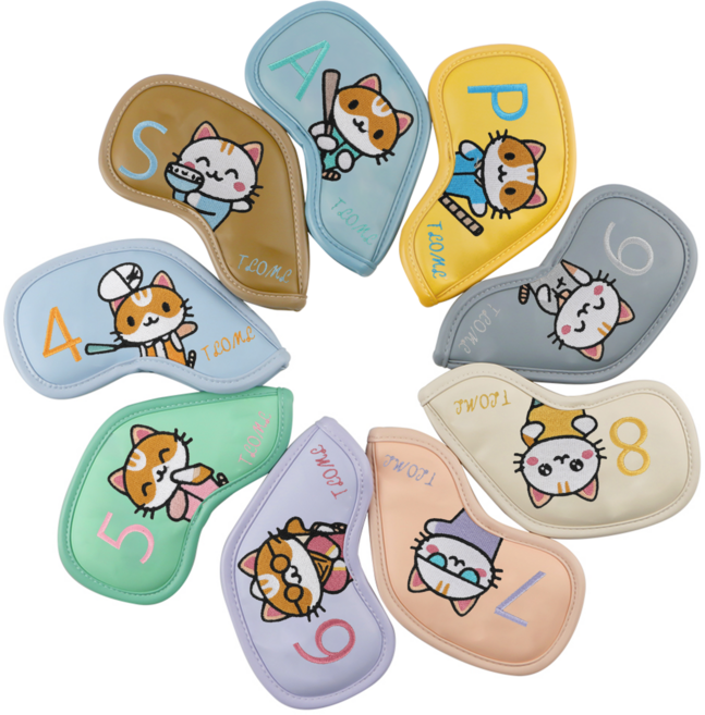 TLOML 골프 아이언헤드 커버 골프채 아이언커버 헤드커버 벨크로 타입 단면 귀여운 고양이 캐릭터 9종 세트, 1세트, 혼합 색상