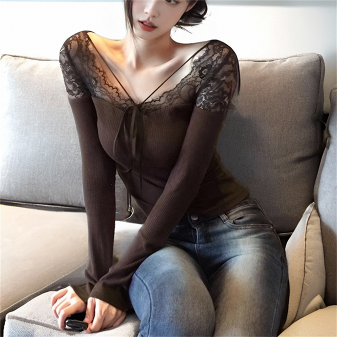 TKX 여성용 섹시한 레이스 브이넥 긴팔 티셔츠 슬림핏 봄 가을 캐주얼 상의 골지니트 탑 KC69