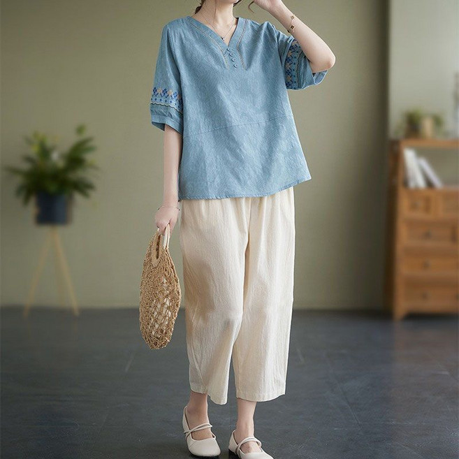슬림소녀 여성용 여름 통기 면마 자수 반팔티 상의 와이드 팬츠 투피스 데일리 패션 엄마옷 빈티지 블라우스 슬랙스 캐주얼 세트