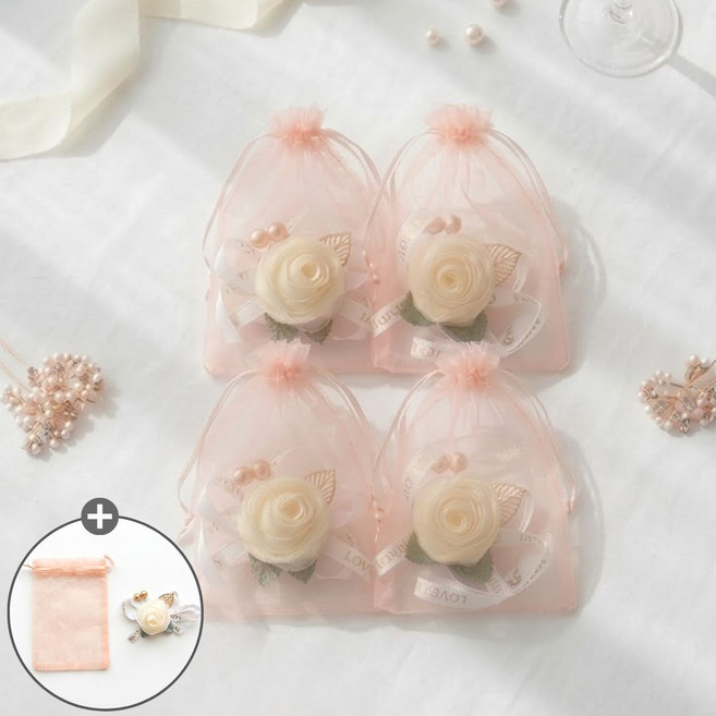 플레이데이 브라이덜샤워 소품 꽃팔찌 선물세트, 4개, 크림로즈+파우치