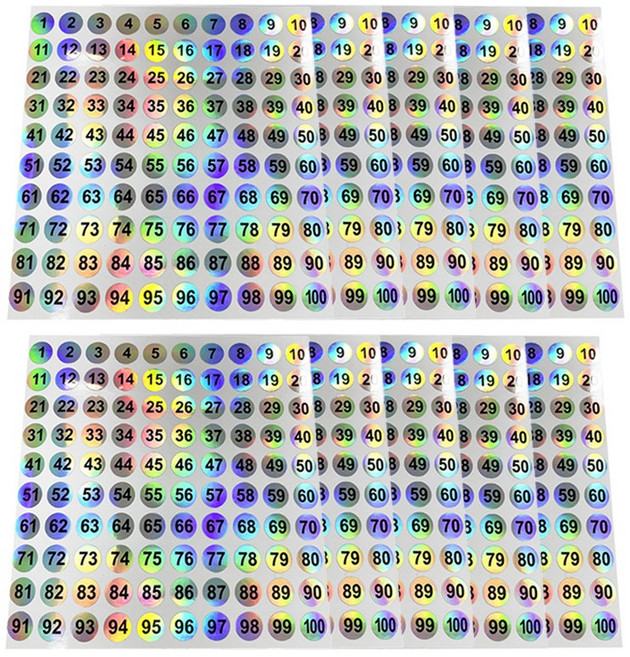 홀로그램 숫자 스티커 1-100 10장 넘버링 라벨 넘버 1cm, 10개, 100개입