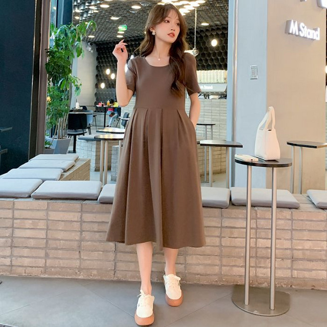 DIU 孕婦短袖連衣裙女夏季韓版寬鬆顯瘦氣質時尚簡約孕婦裝百褶中長裙