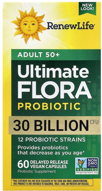 리뉴라이프 Ultimate Flora 50세 이상 성인용 프로바이오틱 300억 생균 베지 캡슐 60정, 1개 - 쿠팡