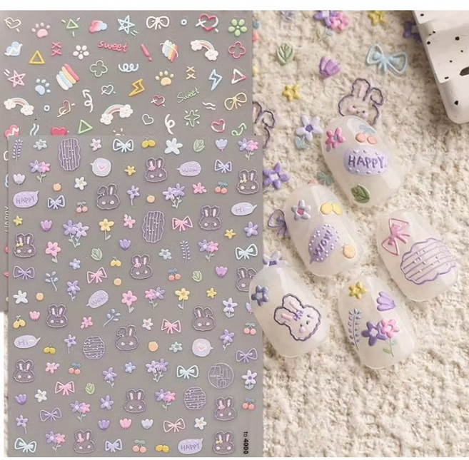 [2장세트] 오루셀렉트 파스텔 토끼 꽃 네일 스티커 | 입체 리본 무지개 라인 | 감성 셀프네일 꾸미기, 2개, 파스텔 토끼 무지개
