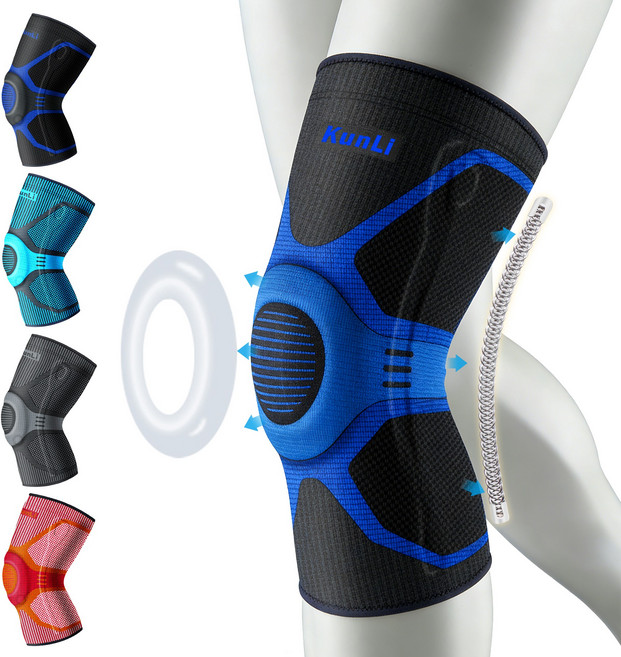 KUNLI 스포츠 무릎보호대 1개입 무릎보호 스프링지지 실리콘충격흡수 통기속건 운동/일상겸용 좌우겸용 운동보호대, 검은색, 1개