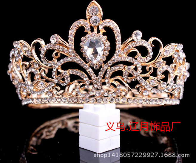 圓形皇冠新娘皇冠頭飾公主生日王冠髮飾婚紗舞臺滿冠圓冠, 1個, 金色+白水晶:如图