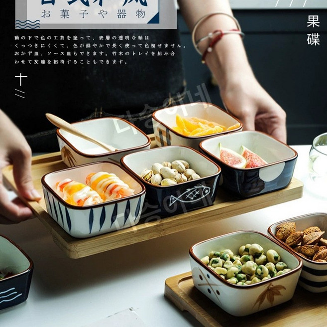 일본식 도자기로 만든 가정용 소형 접시 세트입니다. 간식 접시 과일 접시 차 접시 반찬 접시 소스 그릇 양념 그릇, 6구트레이+접시6개(색상램덤)