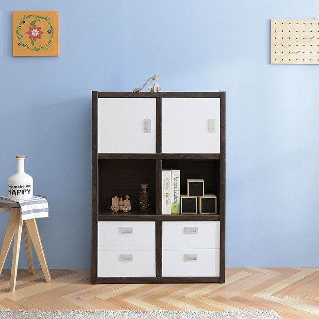 장인가구 바론 3단 콤비 책장 80cm, 월넛