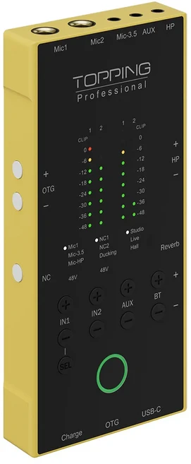 TOPPING M62 휴대용 오디오 인터페이스 듀얼 스마트폰 연결 AI 노이즈 감소 및 게이트 EQ 리버브 덕킹, 01 Yellow