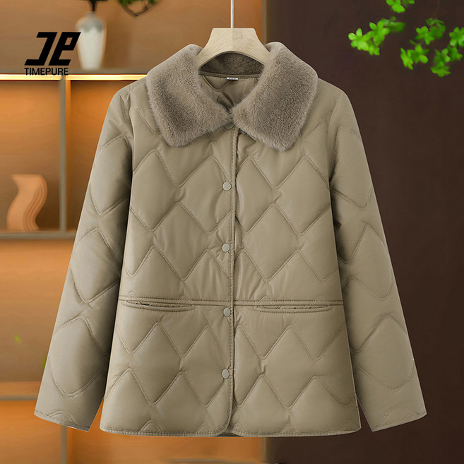 TIMEPURE 중년 여성 따뜻한 보온 면패딩자켓 어머니 선물용 플리스 안감 점퍼 넉넉한 루즈핏 카라 디자인 편안한 겨울 아우터 코디 추천