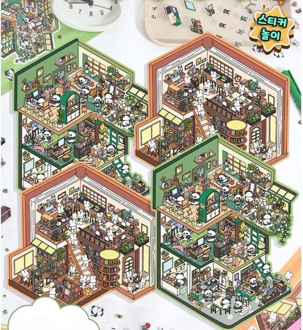 3D 입체 스티커 토끼와 판다의 집꾸미기 방꾸미기 다꾸 씬스티커 DIY 다꾸 다이어리꾸미기 일상스티커 폰꾸 탑꾸 폴꾸, 토끼의 북카페