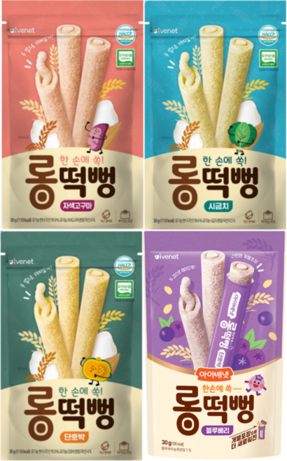 롱떡뻥 4종 자색고구마 30g 1개+시금치 30g 1개+단호박 30g 1개+블루베리 30g 1개, 1개, 120g, 시금치+단호박+자색고구마+블루베리