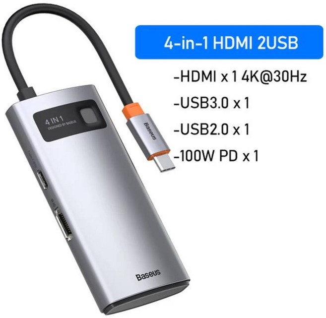 Baseus-USB 허브 HDMI 호환 4K 타입c to USB 3.0 분배기 PD 100W 도킹 스테이션 MacBook Pro Air M1 8/6/5/4 포트 1 개 허브, 4-in-1 HDMI 2USB