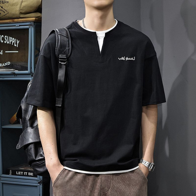 여름 남자 반팔티 데일리 페이크 투피스 순면 브이넥 반팔 티셔츠 캐주얼 남성 반팔 상의 XHR