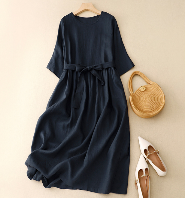 에버리씽 여성 라운드넥 린넨 무지 허리 끈 롱 원피스 Q351