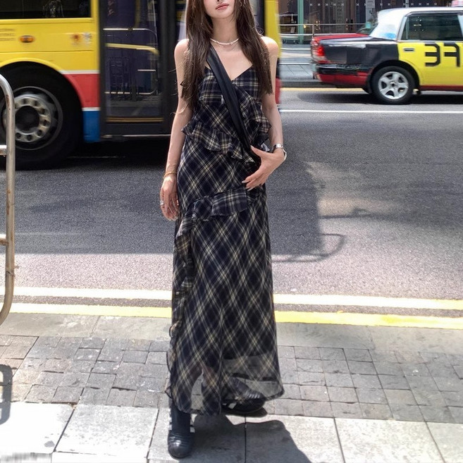 미중 여성 나시 원피스 여름 데일리 슬림핏 빈티지 체크무늬 프릴 허리조임 롱 원피스bb