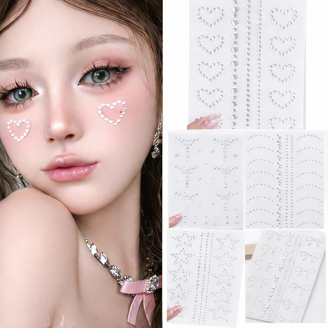 미룬토 입체 반짝 큐빅 페이스스티커 메이크업 파티 스티커 5종 한세트, 1세트, 투명