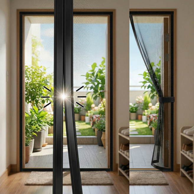 무소음 현관문 자석 방충망 블랙 찍찍이 (보관 스트랩 포함), 1개