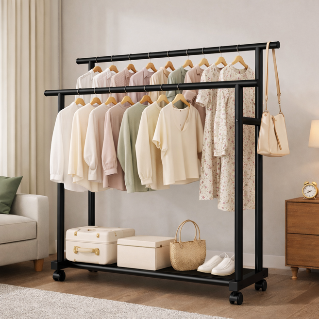 헤븐하임 와이드 2단 이동식 행거, 블랙