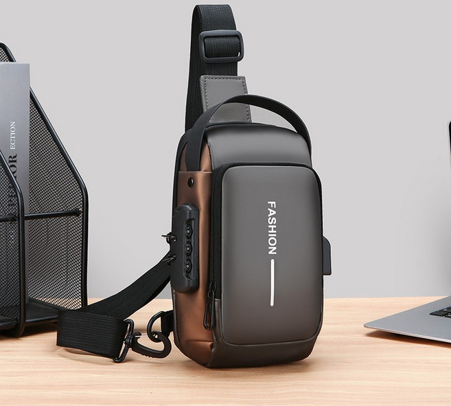 多功能密碼鎖斜挎包 大容量胸包 男士時尚單肩包, 灰配金