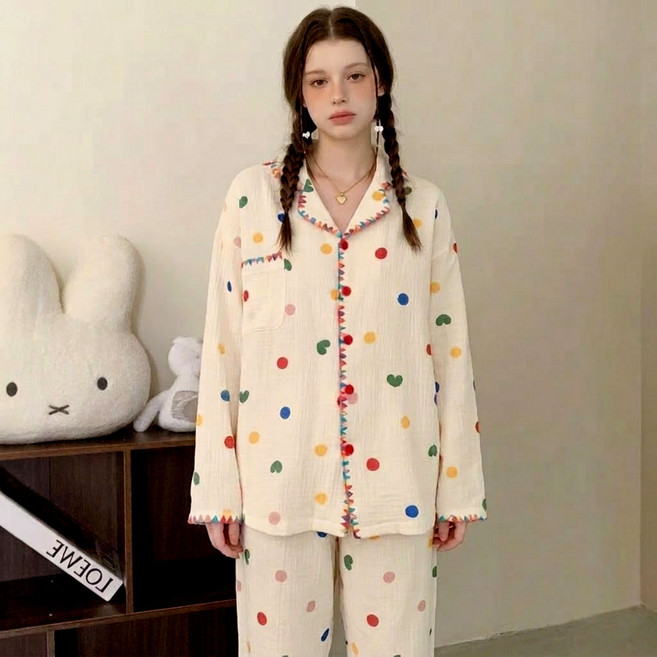 라블라네 파이핑 얇은 긴팔 파자마 잠옷 수면안대 세트