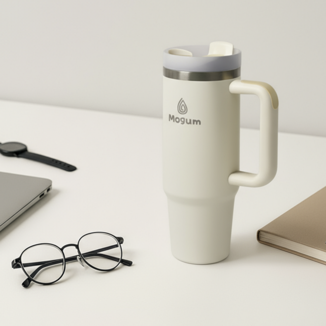 모굼 보온 보냉 대용량 손잡이 스텐 텀블러, 1개, 900ml, 크림화이트