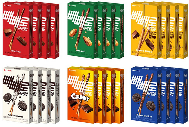 빼빼로 초코 54g x4 + 아몬드 37g x4 + 초코필드 53g x4 + 화이트쿠키 37g x4 + 크런키 39g x4 + 초코쿠키 37g x4, 1세트, 1.028kg