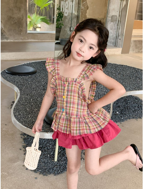 아짱 키즈여아 여아 투피스 아기 아동 여름 반팔 치마 등원 유치원 치마투피스 첵첵핑크치마바지세트